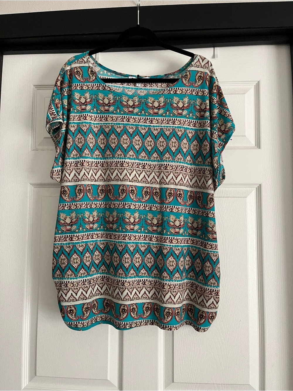 Relaxed Short Sleeve Blouse in Teal Pattern